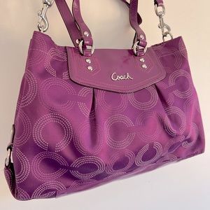 COACH Ashley dotted OP art carryall satchel bag. Purple fabric & patent leather